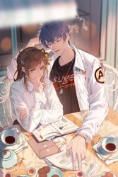 Rule 34 | 1boy, 1girl, :d, absurdres, black shirt, book, brown hair, chair, closed mouth, cookie, cup, folder, food, green eyes, hair ornament, highres, jacket, long hair, long sleeves, marius von hagen (tears of themis), open clothes, open jacket, open mouth, paper, plate, purple eyes, purple hair, rosa (tears of themis), shirt, short hair, smile, table, teacup, teapot, teardrop, tears of themis, tumeii, whisk, white jacket
