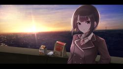 Rule 34 | 1girl, absurdres, bag, blazer, breasts, brown hair, brown jacket, cellphone, cloud, cloudy sky, collared shirt, commentary request, copyright request, date (mamanonamaebot), earbuds, earphones, english text, highres, horizon, jacket, letterboxed, looking at viewer, neck ribbon, ocean, outdoors, paper bag, parted lips, phone, purple eyes, red ribbon, ribbon, shirt, sky, small breasts, solo, sunset, upper body, virtual youtuber, water, white shirt