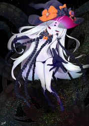 Rule 34 | 1girl, abigail williams (fate), abigail williams (third ascension) (fate), absurdres, black bow, black gloves, black hat, black panties, bow, breasts, closed mouth, commentary request, elbow gloves, fate/grand order, fate (series), gloves, glowing, groin, half-closed eye, hat, hat bow, highres, kneehighs, leaning to the side, long hair, looking at viewer, navel, nikki kyousuke, orange bow, outstretched arm, pale skin, panties, parted bangs, purple socks, red eyes, revealing clothes, signature, small breasts, socks, solo, tentacles, topless, underwear, uneven eyes, very long hair, white hair, witch hat