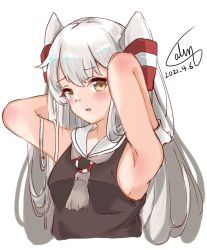 Rule 34 | 1girl, adapted costume, amatsukaze (kancolle), arms behind head, brown dress, calin, commentary request, cropped torso, dress, hair tubes, hat, highres, kantai collection, lifebuoy, lifebuoy ornament, long hair, mini hat, sailor dress, silver hair, simple background, sleeveless, sleeveless dress, smokestack hair ornament, solo, swim ring, two side up, white background
