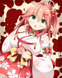 Rule 34 | 1girl, ahoge, bell, breasts, cherry blossom print, chestnut mouth, detached sleeves, floral print, green eyes, hair bell, hair ornament, hairclip, highres, hololive, large breasts, open mouth, paw print, paw print pattern, pink hair, raiden (raiden labo), sakura miko, sakura miko (1st costume), solo, virtual youtuber, x hair ornament