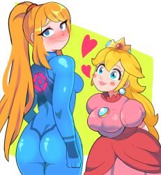 Rule 34 | 2girls, absurdres, arms behind back, artist progress, ass, back, bbycheese, blonde hair, blue eyes, blush, bodysuit, breasts, brooch, closed mouth, crown, dress, earrings, elbow gloves, embarrassed, feet out of frame, from behind, gloves, heart, highres, jewelry, large breasts, leaning forward, lips, lipstick, long dress, long hair, looking at another, looking back, makeup, mario (series), metroid, multiple girls, nintendo, nose blush, pink dress, ponytail, princess peach, puffy short sleeves, puffy sleeves, redrawn, samus aran, short sleeves, shy, sidelocks, simple background, skin tight, smile, sphere earrings, white background, white gloves, zero suit
