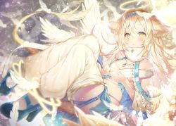 Rule 34 | 1girl, angel, angel wings, animal ears, bare shoulders, blonde hair, blue footwear, blue skirt, blurry, blush, breasts, cleavage, collarbone, cupping hands, depth of field, feathered wings, feathers, frills, fur collar, hair between eyes, hairband, halo, high heels, highleg, highleg panties, highres, light particles, long hair, looking at viewer, lying, medium breasts, miniskirt, navel, original, own hands together, panties, parted lips, revealing clothes, sidelocks, skirt, solo, stomach, tail, topia, underwear, white legwear, wings, yellow eyes