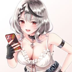 Rule 34 | 1girl, belt, belt collar, black belt, black collar, black gloves, black hair, blush, braid, breasts, camisole, cellphone, cleavage, collar, fingerless gloves, gloves, grey hair, hair ornament, highres, holding, holding phone, hololive, large breasts, looking at viewer, medium hair, mikii, multicolored hair, open mouth, phone, red eyes, revision, sakamata chloe, sakamata chloe (1st costume), simple background, single braid, smartphone, smile, solo, streaked hair, virtual youtuber, white background, white camisole, x hair ornament