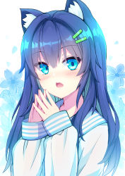 Rule 34 | 1girl, animal ear fluff, animal ears, blue eyes, blue flower, blue hair, blue sailor collar, blush, cat ears, commentary request, floral background, flower, hair between eyes, hair ornament, hairclip, hands up, kaie, long hair, long sleeves, looking at viewer, open mouth, original, petals, sailor collar, school uniform, serafuku, shirt, sleeves past wrists, solo, steepled fingers, teeth, upper body, upper teeth only, white background, white shirt