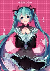 Rule 34 | 1girl, :d, aqua eyes, aqua hair, character name, detached sleeves, frills, hands on own chest, happy, hatsune miku, highres, imoko (imonatsuki), long hair, looking at viewer, musical note, open mouth, pleated skirt, ribbon, skirt, smile, solo, treble clef, twintails, vocaloid