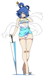 Rule 34 | 1girl, adapted costume, alternate costume, blue eyes, blue hair, blush, breasts, cleavage, closed umbrella, crossed legs, female focus, full body, hair ornament, hair rings, hair stick, high heels, highleg, highleg leotard, hyouju issei, kaku seiga, leotard, looking at viewer, matching hair/eyes, medium breasts, planted, planted umbrella, race queen, sarong, shawl, shoes, simple background, smile, solo, standing, swimsuit, touhou, umbrella, watson cross, white background