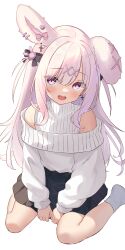 Rule 34 | 1girl, absurdres, animal ears, black skirt, blush, commentary, commission, highres, indie virtual youtuber, long hair, long sleeves, looking at viewer, open mouth, pink eyes, pink hair, rabbit ears, rabbit girl, sakura rii, simple background, sitting, skeb commission, skirt, smile, solo, sweater, teeth, turtleneck, turtleneck sweater, upper teeth only, usatama amyu, white background, white sweater