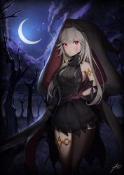 Rule 34 | 1girl, absurdres, asymmetrical legwear, bad id, bad pixiv id, bare shoulders, black thighhighs, breasts, cloud, crescent moon, dress, eirudy, gloves, gstiyl, highres, long hair, looking at viewer, medium breasts, moon, moonlight, night, night sky, red eyes, scenery, silver hair, single thighhigh, sky, sleeveless, sleeveless dress, solo, standing, star (symbol), thighhighs, thighlet, uneven legwear, witch springs