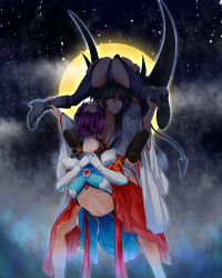 Rule 34 | 3girls, alternate costume, asphyxiation, ass, black hair, brown hair, demon girl, demon tail, female focus, foaming at the mouth, glowing, glowing eyes, gradient hair, highres, horns, japanese clothes, long hair, moon, multicolored hair, multiple girls, muscle buster, one eye closed, purple hair, red eyes, ryona, saliva, silver hair, strangling, suzume no kimochi, suzumiya haruhi, suzumiya haruhi no yuuutsu, tail, tattoo, tongue, tongue out, wink