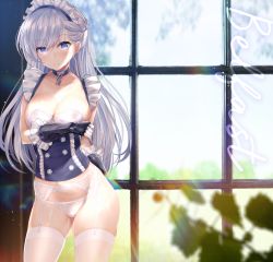 Rule 34 | 1girl, arm under breasts, azur lane, belfast (azur lane), blue eyes, blush, braid, breasts, buttons, chain, character name, cleavage, collar, collarbone, corset, cowboy shot, double-breasted, ero waifu, french braid, frills, garter straps, gauntlets, gloves, hair between eyes, indoors, lace, lace-trimmed panties, lace trim, large breasts, lingerie, long hair, looking at viewer, maid, maid headdress, no pants, panties, shiny skin, sidelocks, silver hair, skindentation, smile, solo, standing, sunlight, sweat, sweatdrop, thighhighs, thighs, underwear, white gloves, white panties, white thighhighs, window