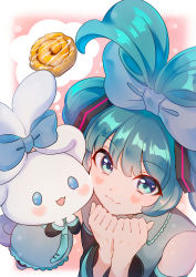 Rule 34 | 1girl, :3, absurdres, aqua bow, aqua eyes, aqua hair, aqua necktie, bare shoulders, black sleeves, blue bow, borrowed hairstyle, bow, cinnamiku, cinnamon roll, cinnamoroll, closed mouth, commentary, cosplay, creature, crossover, double bun, ear bow, folded twintails, from above, grey shirt, hair bow, hair bun, hair rings, hands up, hatsune miku, hatsune miku (cosplay), highres, looking at viewer, matching outfits, necktie, rubianeko, sanrio, shirt, smile, tie clip, tied ears, updo, upper body, vocaloid