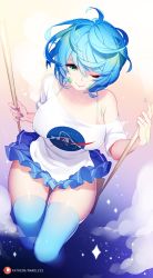 Rule 34 | 1girl, ;), bare shoulders, blue hair, blue nails, blue skirt, blue thighhighs, breasts, cloud, earth-chan, from above, green eyes, large breasts, looking at viewer, microskirt, miniskirt, nail polish, nanoless, nasa, one eye closed, original, pleated skirt, shirt, short hair, sitting, skirt, smile, solo, sparkle, swing, t-shirt, thighhighs, wind, wind lift