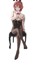 Rule 34 | 1girl, absurdres, amagi (amagi626), animal ears, black leotard, blush, boots, bow, bowtie, breasts, cleavage, commentary request, covered navel, crossed legs, detached collar, fake animal ears, fingernails, full body, highleg, highleg leotard, highres, horikawa raiko, knees, large breasts, leotard, lips, long sleeves, looking at viewer, no shoes, pantyhose, playboy bunny, rabbit ears, red eyes, red hair, short hair, simple background, sitting, smile, solo, stool, strapless, strapless leotard, thighs, touhou, white background, wrist cuffs