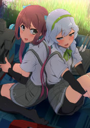 Rule 34 | 2girls, adapted turret, arm warmers, asagumo (kancolle), back-to-back, bike shorts, black socks, bow, bowtie, brown hair, cannon, comala (komma la), grass, green hairband, grey eyes, hair ribbon, hair rings, hairband, highres, kantai collection, kneehighs, long hair, machinery, mat, multiple girls, outdoors, pleated skirt, ribbon, shade, shirt, sidelocks, silver hair, skirt, socks, suspender skirt, suspenders, thighhighs, turret, twintails, wavy hair, white shirt, yamagumo (kancolle)