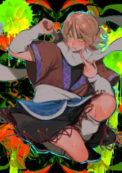 Rule 34 | 1girl, abstract background, absurdres, arm warmers, black footwear, black shirt, black skirt, blonde hair, brown shirt, clenched teeth, commentary, completion time, full body, green background, green eyes, hair between eyes, half updo, highres, holding, holding mallet, long bangs, looking at viewer, mallet, middle finger, mizuhashi parsee, on one knee, one-hour drawing challenge, orange background, pointy ears, sash, scarf, shirt, shoes, short hair, short sleeves, skirt, socks, solo, teeth, touhou, undershirt, white sash, white scarf, white socks, wide sleeves, yamazaki tsukune