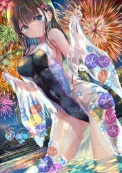 Rule 34 | 1girl, black eyes, black one-piece swimsuit, commentary request, competition swimsuit, dutch angle, fireworks, floral print, green eyes, hair ornament, hairclip, highleg, highleg one-piece swimsuit, highres, japanese clothes, kimono, long hair, ogata tei, one-piece swimsuit, open clothes, open kimono, original, solo, standing, swimsuit, twitter username, two-tone swimsuit, wading, water, white kimono, yukata