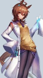 Rule 34 | 1girl, absurdres, agnes tachyon (umamusume), ahoge, animal ears, bandolier, black necktie, black pantyhose, brown hair, chemical structure, coat, collared shirt, commentary, cork, earrings, feet out of frame, grey background, hair between eyes, hand on own hip, highres, holding, holding test tube, horse ears, horse girl, horse tail, jewelry, lab coat, leste (humansequencer), looking at viewer, necktie, open clothes, open coat, pantyhose, pleated skirt, purple skirt, red eyes, shirt, simple background, single earring, skirt, sleeves past fingers, sleeves past wrists, solo, sweater vest, tail, test tube, umamusume, very long sleeves, white coat, yellow sweater vest
