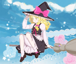 Rule 34 | 1girl, bad id, bad pixiv id, bamboo broom, blonde hair, bloomers, broom, broom riding, cloud, day, doily, female focus, flower, frills, hat, highres, kirisame marisa, lace background, ofuton zeb, rose, sidesaddle, sitting, sky, socks, solo, star (symbol), touhou, underwear, white socks, witch, witch hat, yellow eyes