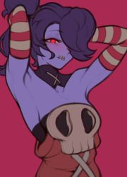 Rule 34 | 1girl, arms up, blue hair, blue skin, colored skin, detached collar, elbow gloves, fujimna, gloves, glowing, glowing eye, glowing eyes, hair over one eye, highres, parted lips, pink background, red eyes, side ponytail, skullgirls, smile, solo, squigly (skullgirls), stitched mouth, stitches, striped clothes, striped gloves, upper body