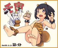 Rule 34 | 2girls, :&lt;, animal ear fluff, animal ears, animal print, bare legs, bare shoulders, barefoot, black hair, blush, bracelet, breasts, brown one-piece swimsuit, collarbone, colored skin, commentary request, dated, ehoumaki, fake horns, fang, food, horns, jewelry, kukuri (mawaru), makizushi, mawaru (mawaru), medium breasts, multiple girls, one-piece swimsuit, oni horns, open mouth, original, print swimsuit, purple eyes, single horn, small breasts, spiked bracelet, spikes, sushi, swimsuit, tiger print, translation request, triangle mouth, white skin
