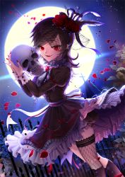 Rule 34 | 1girl, black hair, bloomers, cross, crown, curly hair, dress, dutch angle, evil smile, fangs, fence, fishnets, flower, frilled dress, frills, full moon, gem, hair flower, hair ornament, lolita fashion, looking at viewer, moon, nail polish, night, official art, original, petals, red eyes, ribbon, rose, single thighhigh, skull, smile, solo, swept bangs, thighhighs, underwear, vampire, yuri (anachronic)