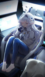 Rule 34 | 1girl, absurdres, barefoot, blue archive, feet, hairband, highres, himari (blue archive), layered sleeves, long hair, looking at viewer, manic shd, mole, mole under eye, open mouth, pointy ears, powered wheelchair, toes, towel, wheelchair