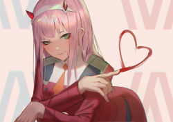 Rule 34 | 10s, aqua eyes, candy, darling in the franxx, drawing, eyeshadow, fang, food, hairband, heart, horns, krin (krinnin), lollipop, makeup, military, military uniform, orange neckwear, pink hair, smile, solo, straight hair, uniform, white hairband, zero two (darling in the franxx)
