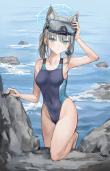 Rule 34 | animal ears, blue archive, blue eyes, hand on own head, highres, ocean, on one knee, one-piece swimsuit, quarter 1404, shiroko (blue archive), shiroko (swimsuit) (blue archive), swimsuit, water drop, wolf ears