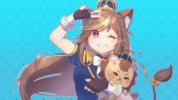 Rule 34 | 1girl, animal, animal ear fluff, animal ears, black gloves, blonde hair, blue background, blue jacket, blush, breasts, brown hair, commentary, commission, crown, english commentary, fingerless gloves, gloves, hazumi aileen, highres, holding, holding animal, indie virtual youtuber, jacket, lion, lion ears, lion tail, long hair, medium breasts, mixed-language commentary, multicolored hair, one eye closed, orange nails, red eyes, sakuhana87, skeb commission, smile, solo, streaked hair, tail, v, v-shaped eyebrows, very long hair, virtual youtuber, watermark