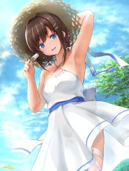 Rule 34 | 1girl, arm up, armpits, blue eyes, blue sky, brown hair, cloud, collarbone, commentary request, day, dress, food, hair ornament, hat, hat ribbon, highres, holding, holding food, looking at viewer, neconotaki, open mouth, original, outdoors, popsicle, ribbon, sidelocks, sky, smile, standing, straw hat, summer, sundress, thigh strap, white dress