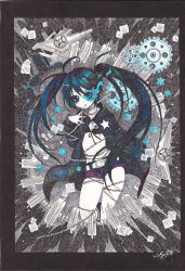 Rule 34 | 10s, 1girl, bikini, bikini top only, black bikini, black hair, black rock shooter, black rock shooter (character), blue eyes, chain, coat, female focus, glowing, glowing eyes, long hair, mosho, navel, partially colored, scar, shorts, solo, swimsuit, traditional media, twintails