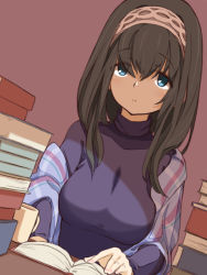 Rule 34 | 1girl, black hair, blue eyes, book, book stack, breasts, commentary request, dutch angle, hairband, idolmaster, idolmaster cinderella girls, large breasts, looking at viewer, motomoufu (p blanket), open book, plaid shawl, purple sweater, reading, sagisawa fumika, shawl, sitting, solo, sweater, turtleneck, turtleneck sweater, upper body