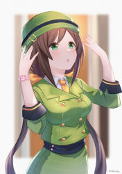 Rule 34 | 1girl, bow, bowler hat, brown hair, green eyes, green hat, green skirt, hair between eyes, hat, hayakawa tazuna, highres, jacket, long hair, long sleeves, looking up, mohurine cute, necktie, shirt, skirt, solo, twintails, umamusume, watch, white shirt, wristwatch, yellow necktie
