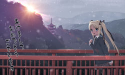 Rule 34 | architecture, blonde hair, bridge, east asian architecture, forest, hair ribbon, kai ha, light, nature, new year, pagoda, ribbon, school uniform, skirt, sky, smile, snow, solo, sun, sunset, temple, tree, twintails