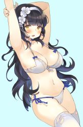 Rule 34 | 1girl, armpits, arms up, bad id, bad twitter id, bikini, black hair, blue background, blue bow, blush, bow, breasts, cleavage, cowboy shot, flower, girls&#039; frontline, groin, hair flower, hair ornament, hairband, halterneck, hand on own arm, highres, large breasts, long hair, looking at viewer, mirei, navel, official alternate costume, open mouth, side-tie bikini bottom, sidelocks, simple background, solo, swimsuit, thighhighs, torn bikini, torn clothes, torn thighhighs, type 95 (girls&#039; frontline), type 95 (summer cicada) (girls&#039; frontline), white bikini, white thighhighs, yellow eyes