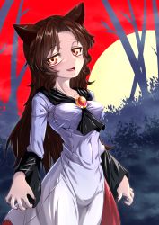 Rule 34 | 1girl, animal ears, asymmetrical clothes, blouse, breasts, brooch, brown hair, collarbone, covered navel, fang, fingernails, full moon, groin, highres, imaizumi kagerou, jewelry, layered sleeves, long fingernails, long hair, long sleeves, medium breasts, moon, nail polish, nomayo, open mouth, red eyes, red nails, red skirt, shirt, short over long sleeves, short sleeves, skirt, solo, taut clothes, touhou, very long hair, wavy hair, white shirt, wolf ears