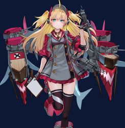 Rule 34 | 1girl, admiral hipper (azur lane), ahoge, azur lane, blonde hair, buttons, clipboard, coat, cross, double-breasted, dress, gloves, green eyes, headgear, highres, iron cross, long hair, looking at viewer, luicent, machinery, neck ribbon, overcoat, red dress, red thighhighs, ribbon, scepter, skirt, solo, thighhighs