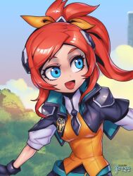 Rule 34 | 1girl, :d, battle academia lux, black capelet, black gloves, black necktie, capelet, day, forest, gloves, green eyes, grey shirt, hair ornament, hair ribbon, league of legends, looking to the side, lux (league of legends), nature, necktie, open mouth, orange ribbon, orange vest, outdoors, phantom ix row, red hair, ribbon, shiny skin, shirt, side ponytail, smile, solo, translation request, vest