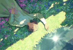 Rule 34 | 1girl, brown hair, character request, closed mouth, commentary request, dappled sunlight, dress, flower, grass, green eyes, green theme, highres, hiko (scape), leaf, long hair, lying, meadow, on back, original, petals, solo, sunlight, white dress