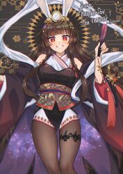 Rule 34 | 1girl, animal ears, black kimono, breasts, brown background, brown hair, brown pantyhose, commentary, commission, egasumi, english commentary, feet out of frame, fine fabric emphasis, folding fan, gold, grin, hand fan, head mirror, headpiece, highres, hime cut, holding, holding fan, japanese clothes, kaguyahime (mahjong soul), kimono, long hair, looking at viewer, mahjong soul, medium bangs, medium breasts, obi, pantyhose, pixiv commission, pomme (pomette ), print kimono, rabbit ears, red eyes, sash, sidelocks, smile, solo, starry sky print, yellow sash