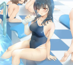 Rule 34 | :d, arm at side, ass, bababababan, bare arms, bare shoulders, barefoot, black hair, blue one-piece swimsuit, blush, bottle, breasts, brown eyes, collarbone, commentary request, competition school swimsuit, covered navel, day, feet, hair between eyes, hand up, highleg, highleg swimsuit, highres, holding, holding bottle, long hair, looking at viewer, medium breasts, one-piece swimsuit, open mouth, original, outdoors, parted lips, partially submerged, pool, pool ladder, poolside, school swimsuit, sidelocks, sitting, smile, soles, swimsuit, wading, walking, water, water bottle, water drop, wet, wet clothes, wet swimsuit