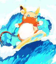 absurdres alolan_form alolan_raichu artist_name blue_eyes creatures_(company) game_freak gen_7_pokemon highres nintendo no_humans outdoors pokemon pokemon_(creature) smile su_(sajo_su5) surfing tail twitter_username water waves