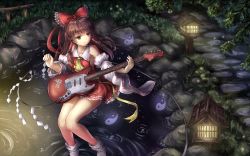 Rule 34 | 1girl, ascot, bare legs, bow, branch, brown hair, cable, collared shirt, commentary request, detached sleeves, electric guitar, expressionless, fii fii (feefeeowo), fireflies, grass, guitar, hair bow, hair tubes, hakurei reimu, highres, holding, holding instrument, holding plectrum, instrument, knees together feet apart, lantern, long hair, long sleeves, looking away, loose socks, miniskirt, music, night, nontraditional miko, ofuda, outdoors, playing instrument, plectrum, pond, red bow, red eyes, red shirt, red skirt, ribbon-trimmed skirt, ribbon-trimmed sleeves, ribbon trim, ripples, rock, shide, shirt, signature, skirt, skirt set, socks, solo, standing, standing on liquid, stepping stones, touhou, water, wide sleeves, wooden lantern, yellow ascot, yin yang