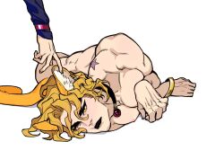 Rule 34 | 2boys, animal ears, ass, birthmark, black lips, blonde hair, bracelet, cat boy, cat ears, cat tail, closed mouth, collar, dio brando, father and son, giorno giovanna, highres, huang lia, jacket, jewelry, joestar birthmark, jojo no kimyou na bouken, long hair, long sleeves, lying, male focus, multiple boys, muscular, muscular male, nipples, nude, one eye closed, pectorals, simple background, tail, vento aureo, white background, yellow eyes