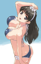 Rule 34 | black eyes, black hair, breasts, character request, hand on head, hirose (mokiki), large breasts, looking up, smile, source request, swimsuit