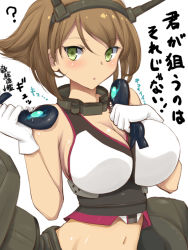 Rule 34 | 10s, 1girl, :o, ?, blush, breasts, brown hair, cleavage, gloves, green eyes, huge breasts, kantai collection, midriff, mutsu (kancolle), navel, niwatori kokezou, personification, shiny skin, simple background, solo, white background