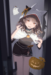 Rule 34 | 1girl, absurdres, angelina (arknights), arknights, black collar, black shirt, black shorts, brown hair, cape, character doll, charm (object), collar, doctor (arknights), doorway, fangs, feet out of frame, ganjiang, ghost costume, halloween, halloween bucket, halloween costume, highres, infection monitor (arknights), long hair, looking at viewer, no jacket, open door, open mouth, orange eyes, pumpkin, shirt, shorts, solo, teeth, white cape