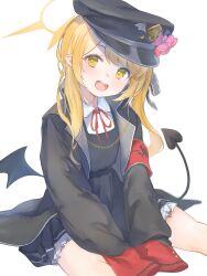 Rule 34 | 1girl, :d, absurdres, armband, arms between legs, black dress, black hat, black jacket, black skirt, blonde hair, blue archive, blush, collared shirt, commentary, cowboy shot, demon girl, demon tail, demon wings, dress, halo, hat, head tilt, highres, ibuki (blue archive), jacket, legs apart, long bangs, long sleeves, looking at viewer, marulire, miniskirt, neck ribbon, open clothes, open jacket, open mouth, peaked cap, petticoat, pinafore dress, pleated skirt, red armband, red ribbon, ribbon, school uniform, shirt, sidelocks, simple background, sitting, skirt, sleeveless, sleeveless dress, sleeves past fingers, sleeves past wrists, smile, solo, tail, teeth, thighs, upper teeth only, white background, white shirt, wings, yellow eyes