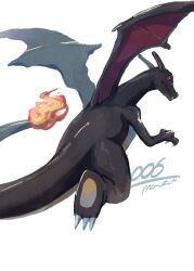 Rule 34 | alternate color, charizard, claws, closed mouth, commentary request, creatures (company), fang, fang out, fire, fire, flame-tipped tail, from behind, game freak, gen 1 pokemon, highres, looking back, mo~zu, nintendo, no humans, pokedex number, pokemon, pokemon (creature), red eyes, shiny pokemon, signature, simple background, solo, white background